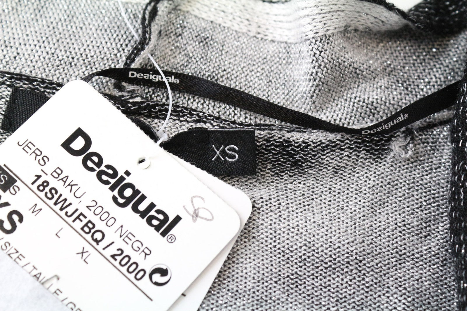 DESIGUAL Baku Women's Sweatshirt XS Grey Black Pattern Shiny V-Neck Top