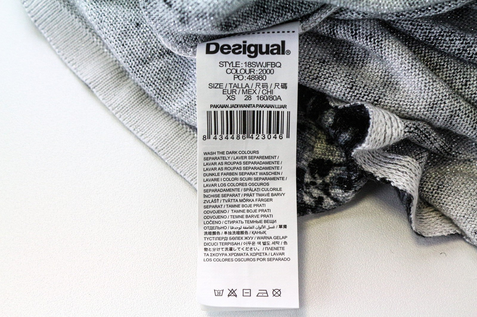 DESIGUAL Baku Women's Sweatshirt XS Grey Black Pattern Shiny V-Neck Top
