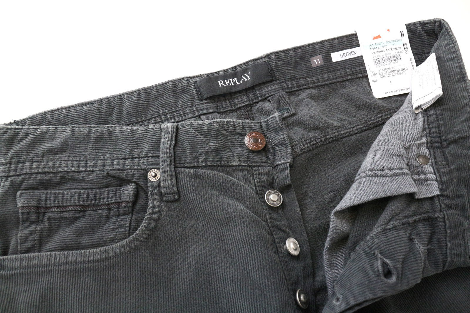 REPLAY Grover Men's Corduroy Pants W31/L34 Grey Straight Cotton Stretch Trousers