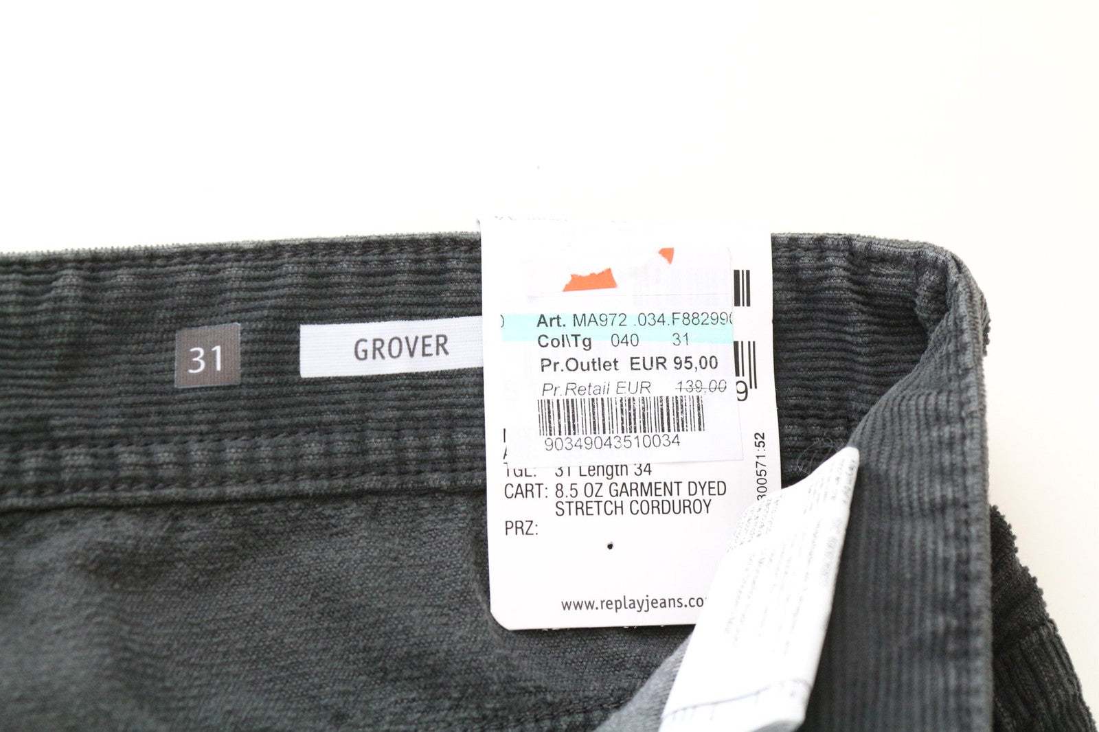 REPLAY Grover Men's Corduroy Pants W31/L34 Grey Straight Cotton Stretch Trousers