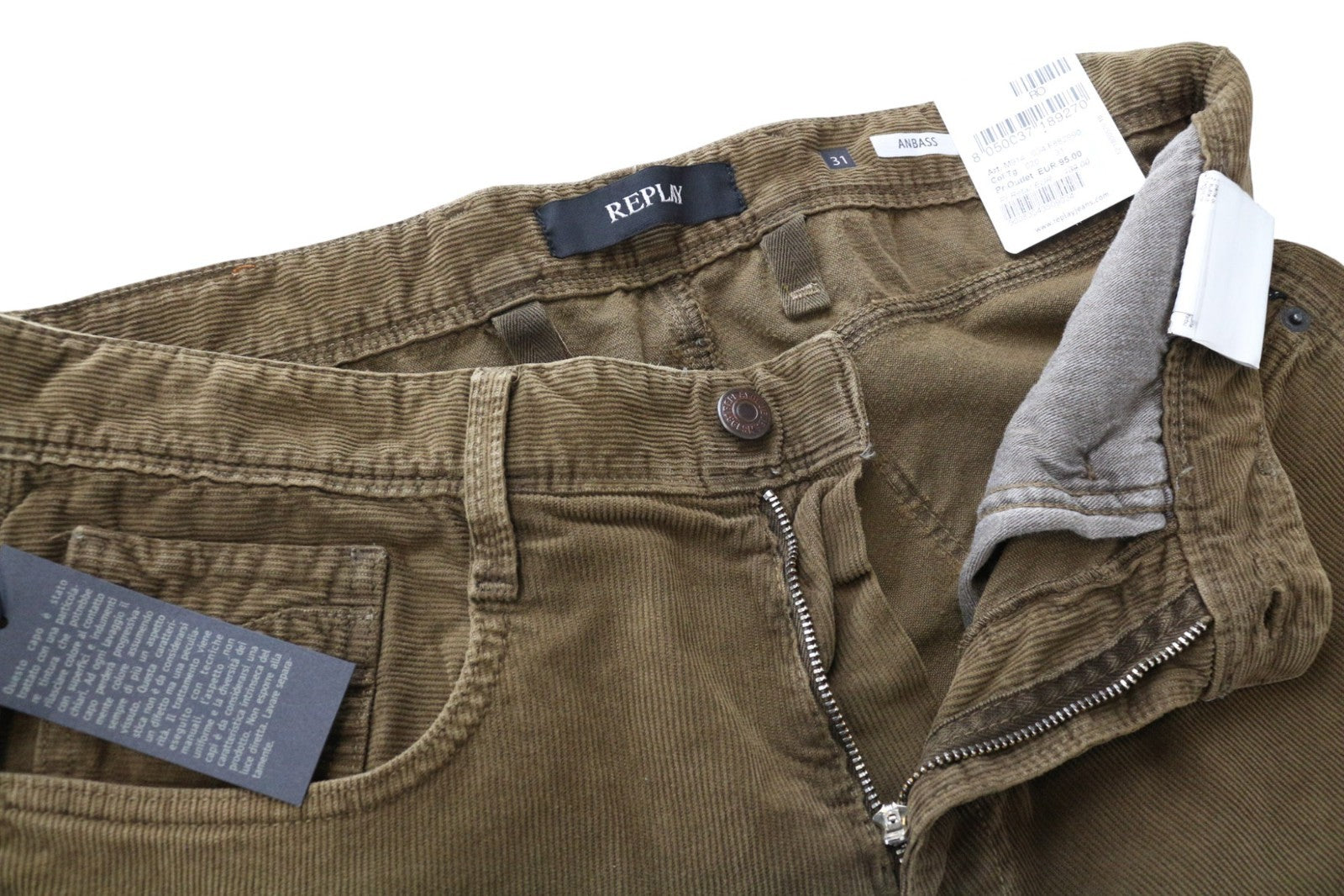 REPLAY Anbass Men's Corduroy W31/L34 Brown Slim Fit Cotton Stretch Trousers