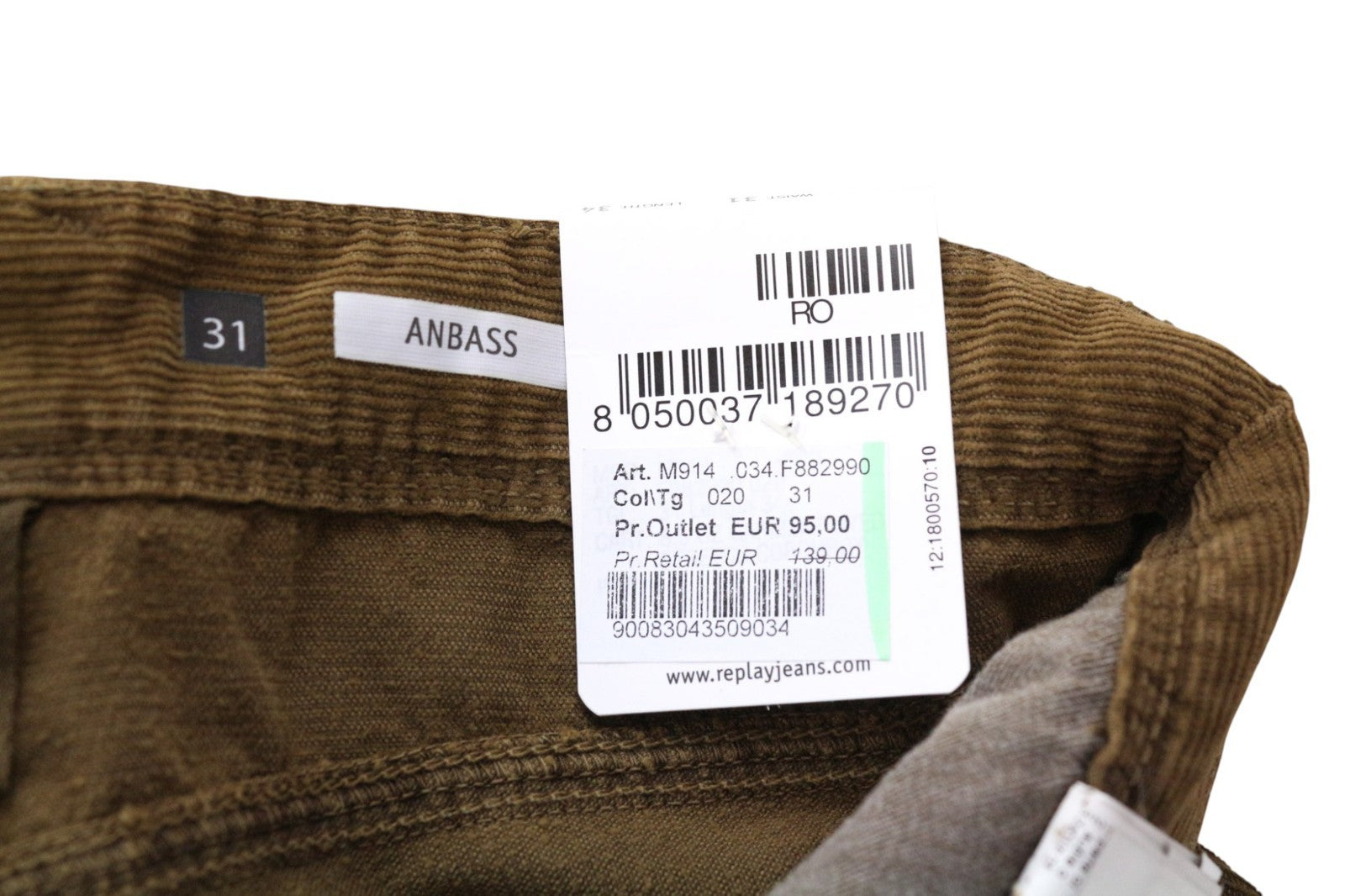 REPLAY Anbass Men's Corduroy W31/L34 Brown Slim Fit Cotton Stretch Trousers