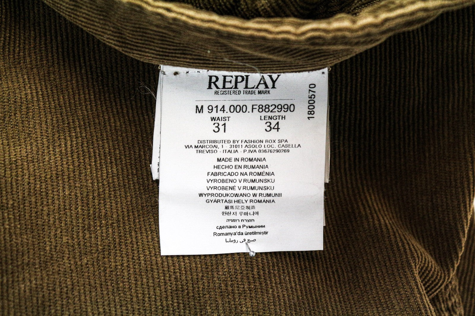 REPLAY Anbass Men's Corduroy W31/L34 Brown Slim Fit Cotton Stretch Trousers