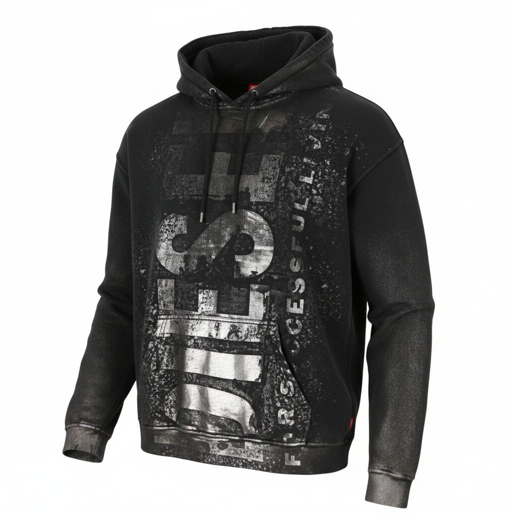 DIESEL S-Boxt-Hood-Q6 Men Hoodie M Black Metallic Shiny Relaxed Fit RRP395