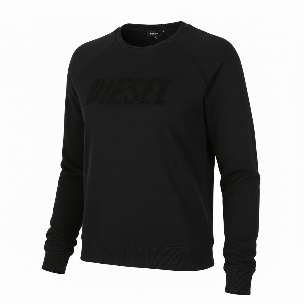DIESEL Indigo-Out Men Sweatshirt L Black Crew Neck Fluffy Logo Pull On RRP175