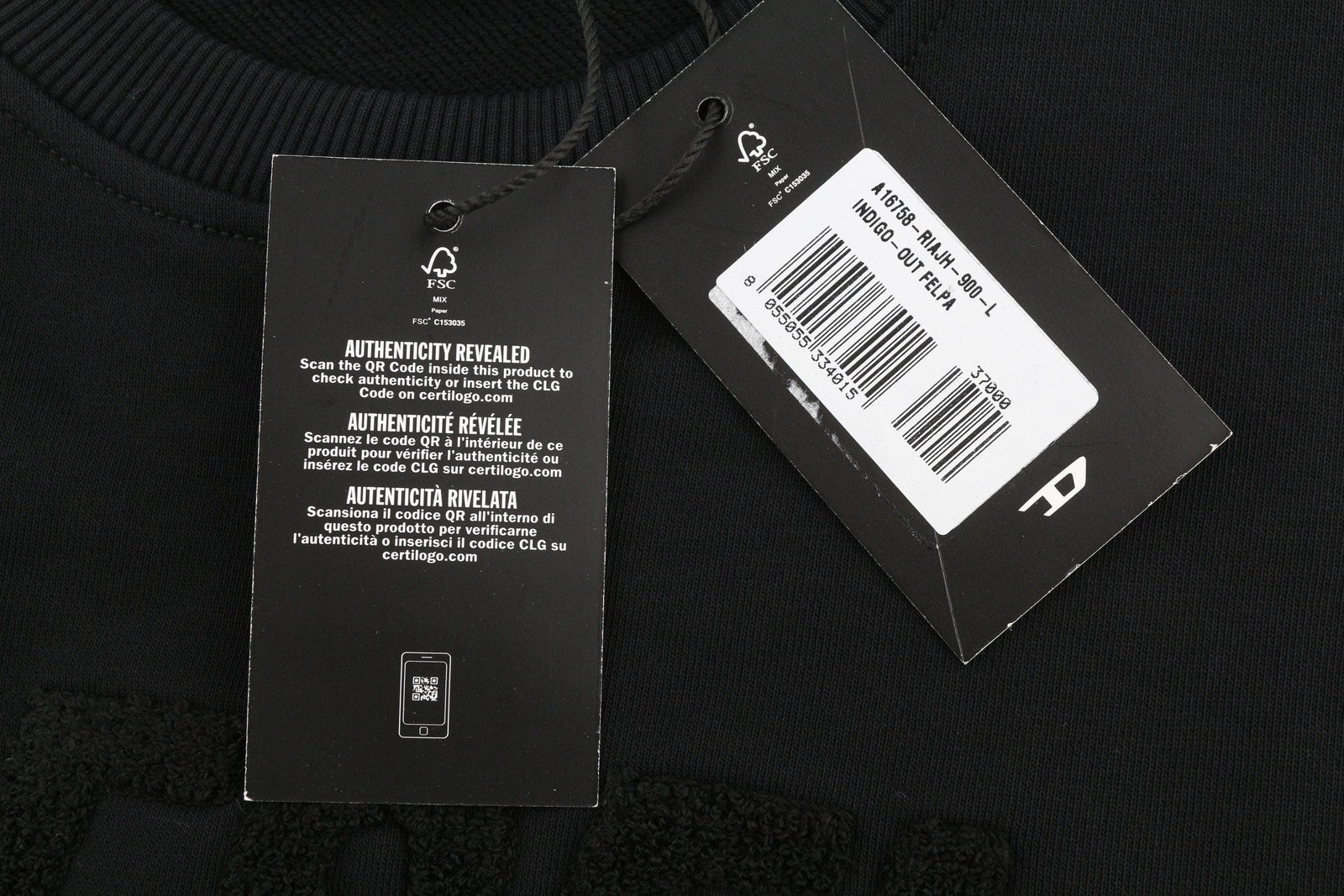 DIESEL Indigo-Out Men Sweatshirt L Black Crew Neck Fluffy Logo Pull On RRP175