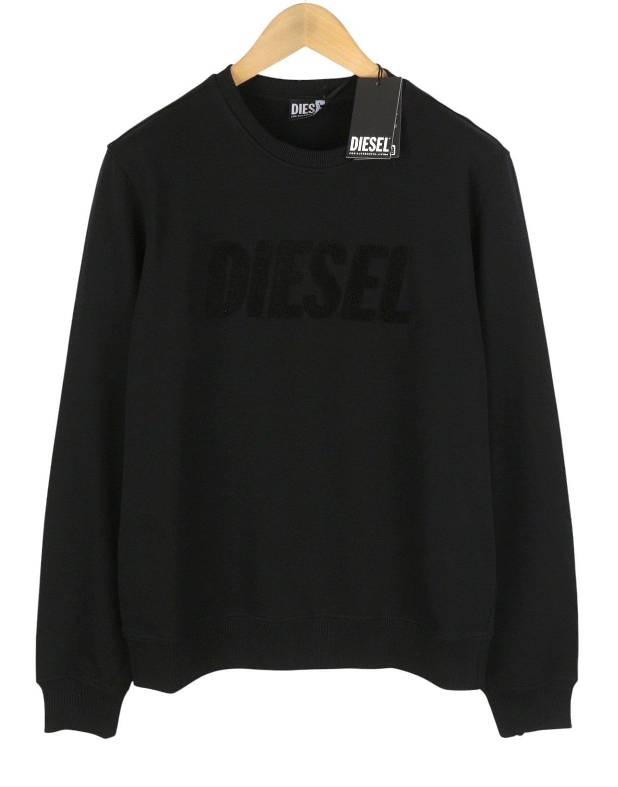 DIESEL Indigo-Out Men Sweatshirt L Black Crew Neck Fluffy Logo Pull On RRP175