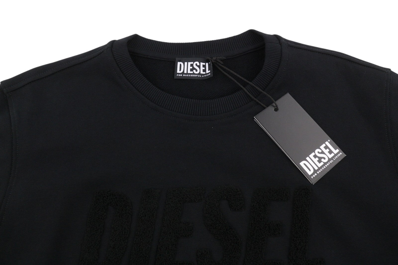DIESEL Indigo-Out Men Sweatshirt L Black Crew Neck Fluffy Logo Pull On RRP175