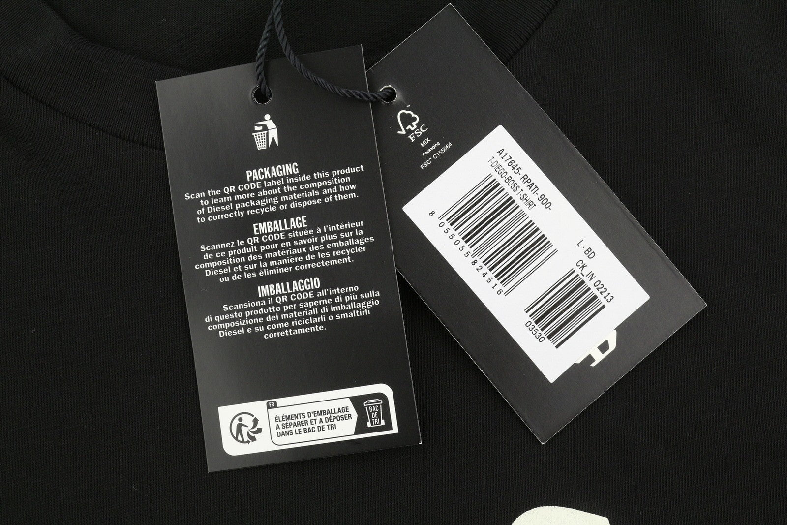 DIESEL T-Diego-Boss Men T-Shirt L Black Tricot Crew Neck Short Sleeve