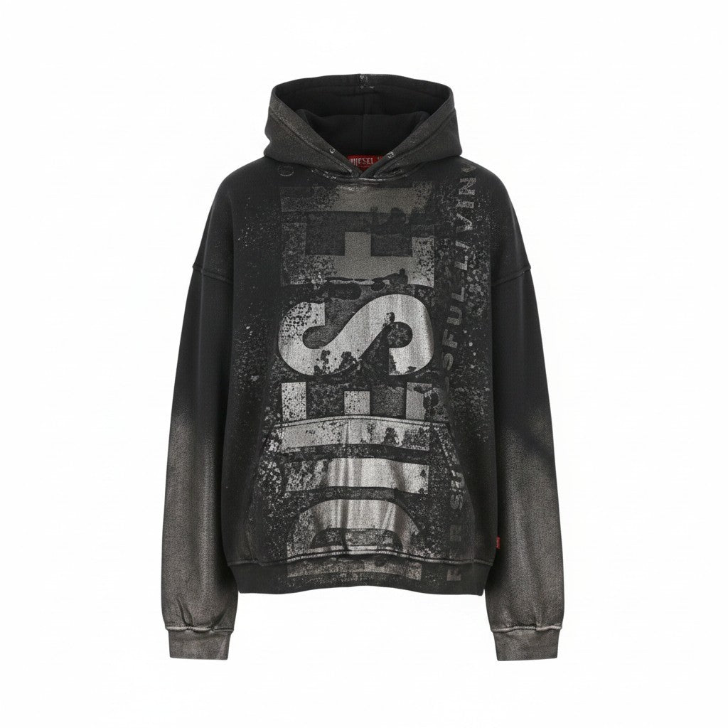 DIESEL S-Boxt-Hood-Q6 Men Hoodie L Black Metallic Shiny Relaxed Fit RRP395