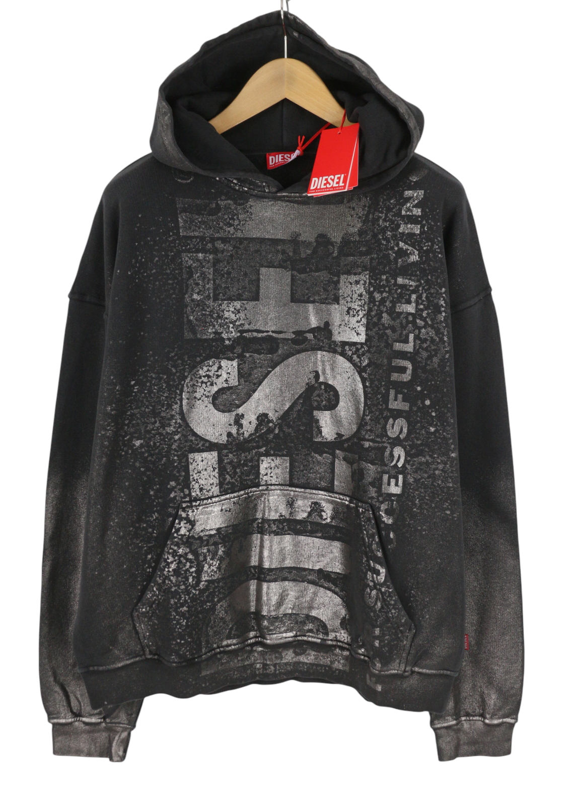 DIESEL S-Boxt-Hood-Q6 Men Hoodie L Black Metallic Shiny Relaxed Fit RRP395