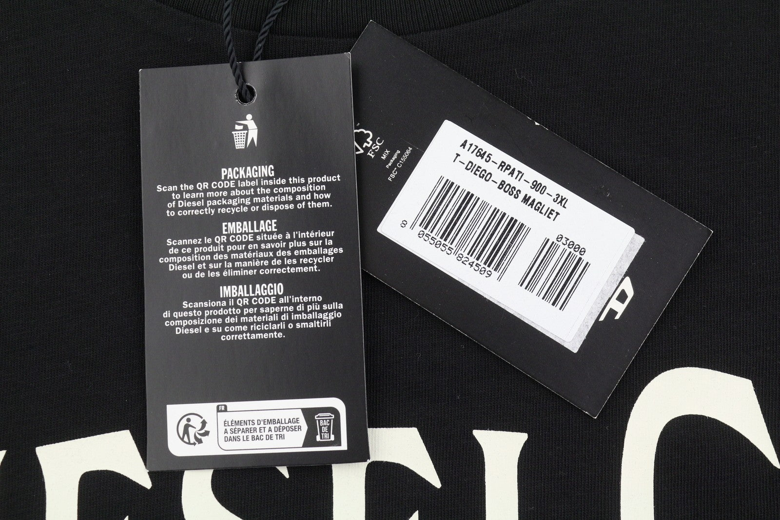 DIESEL T-Diego-Boss Men T-Shirt 3XL Black Tricot Crew Neck Short Sleeved