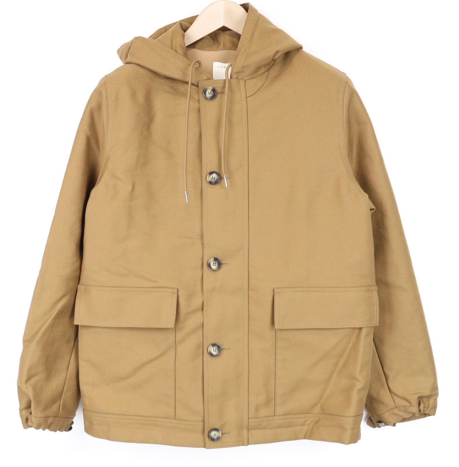 SANDRO Men Jacket XS Camel Brown Parka Hooded Classic Buttoned Lined Deck Cotton