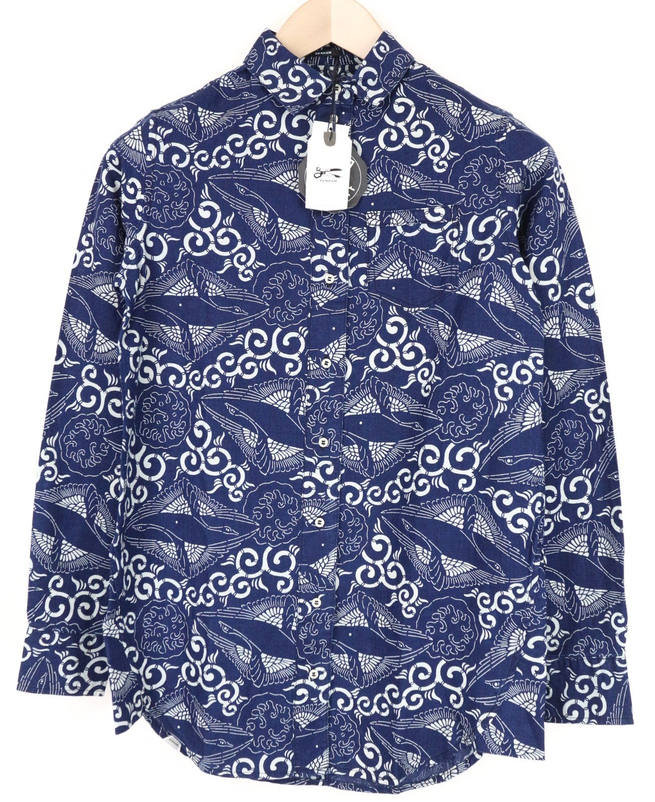 DENHAM Women Shirt 2XS Blue Cotton Linen Patterned Long Sleeve Button-Up