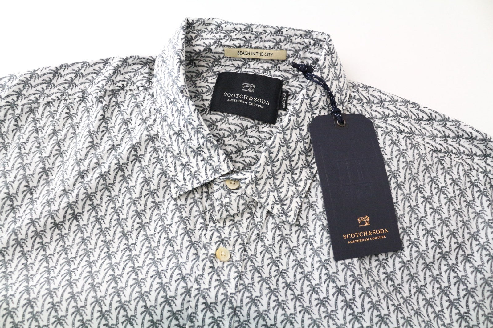 SCOTCH & SODA Ams Couture Men Shirt L White Cotton Palm Patterns Long Sleeve