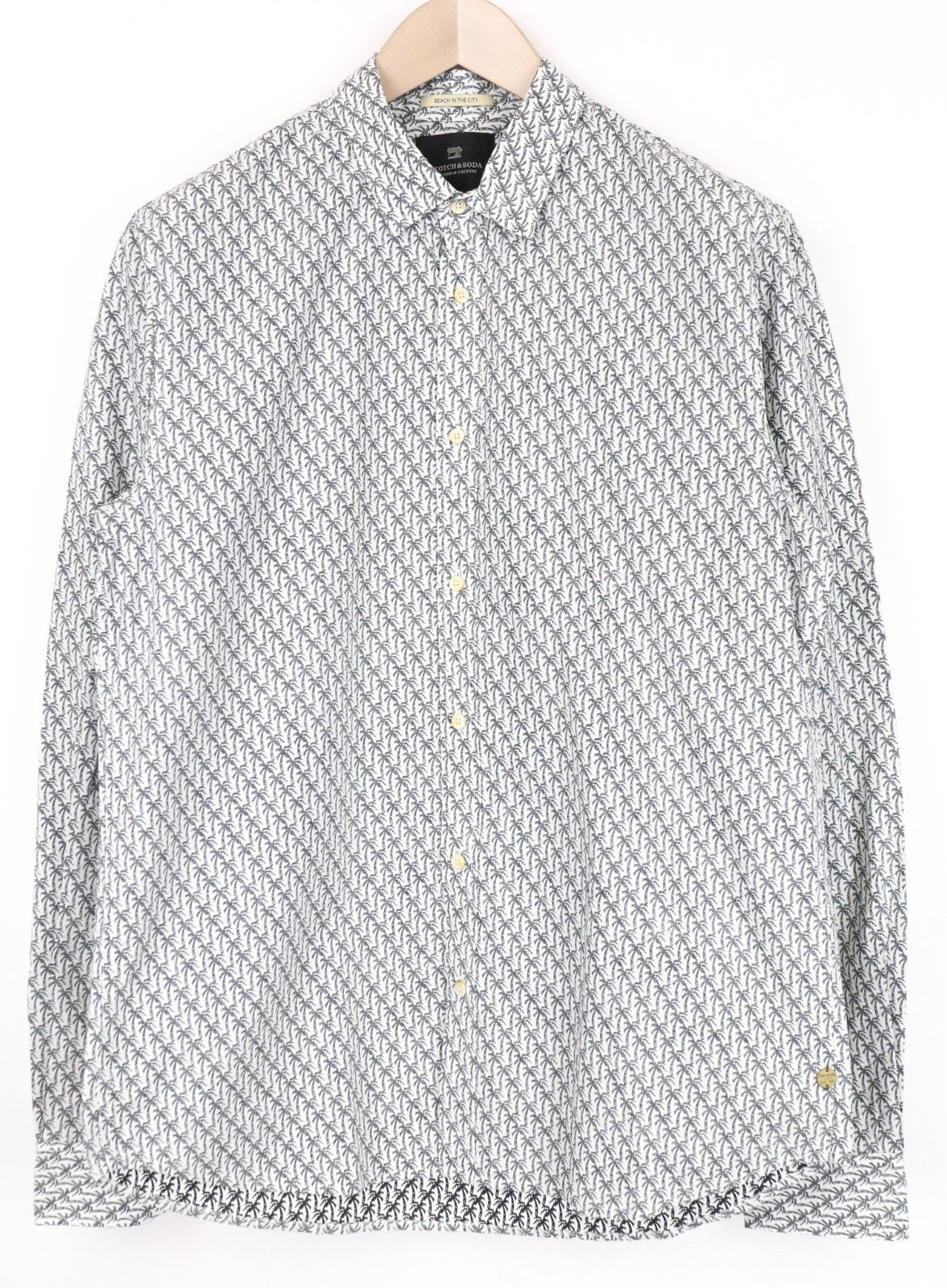 SCOTCH & SODA Ams Couture Men Shirt XL White Cotton Palm Pattern Long Sleeve