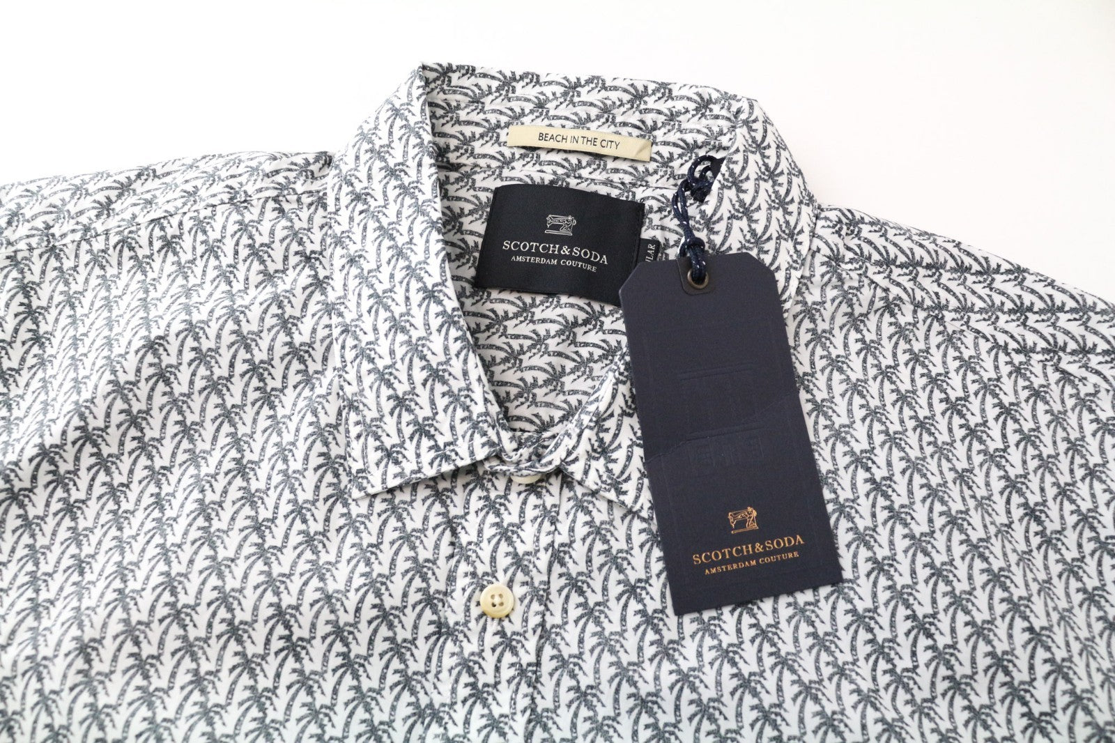 SCOTCH & SODA Ams Couture Men Shirt XL White Cotton Palm Pattern Long Sleeve