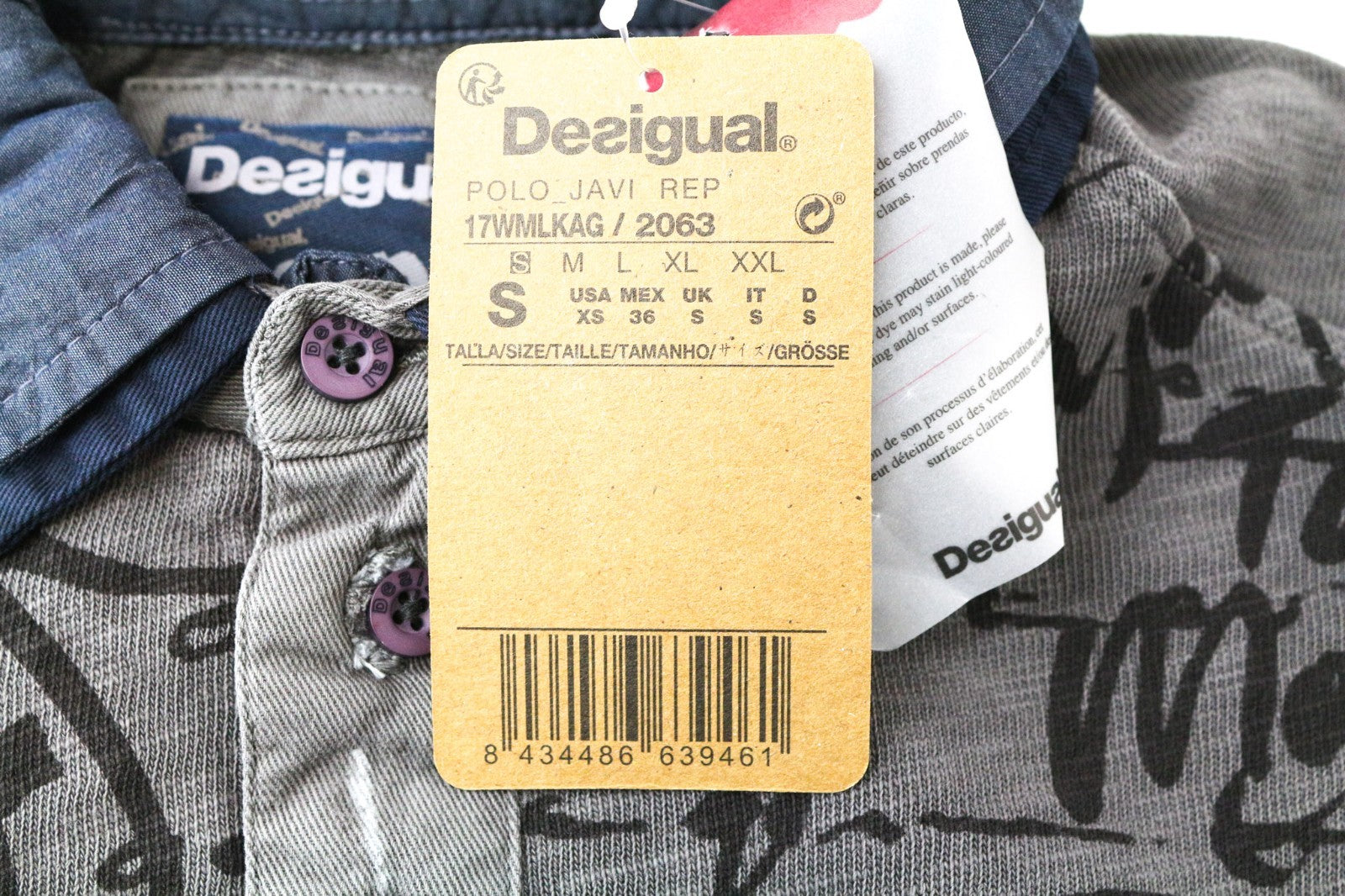 DESIGUAL Javi Men T-Shirt S Grey Pure Cotton Long Sleeve Patterned Polo