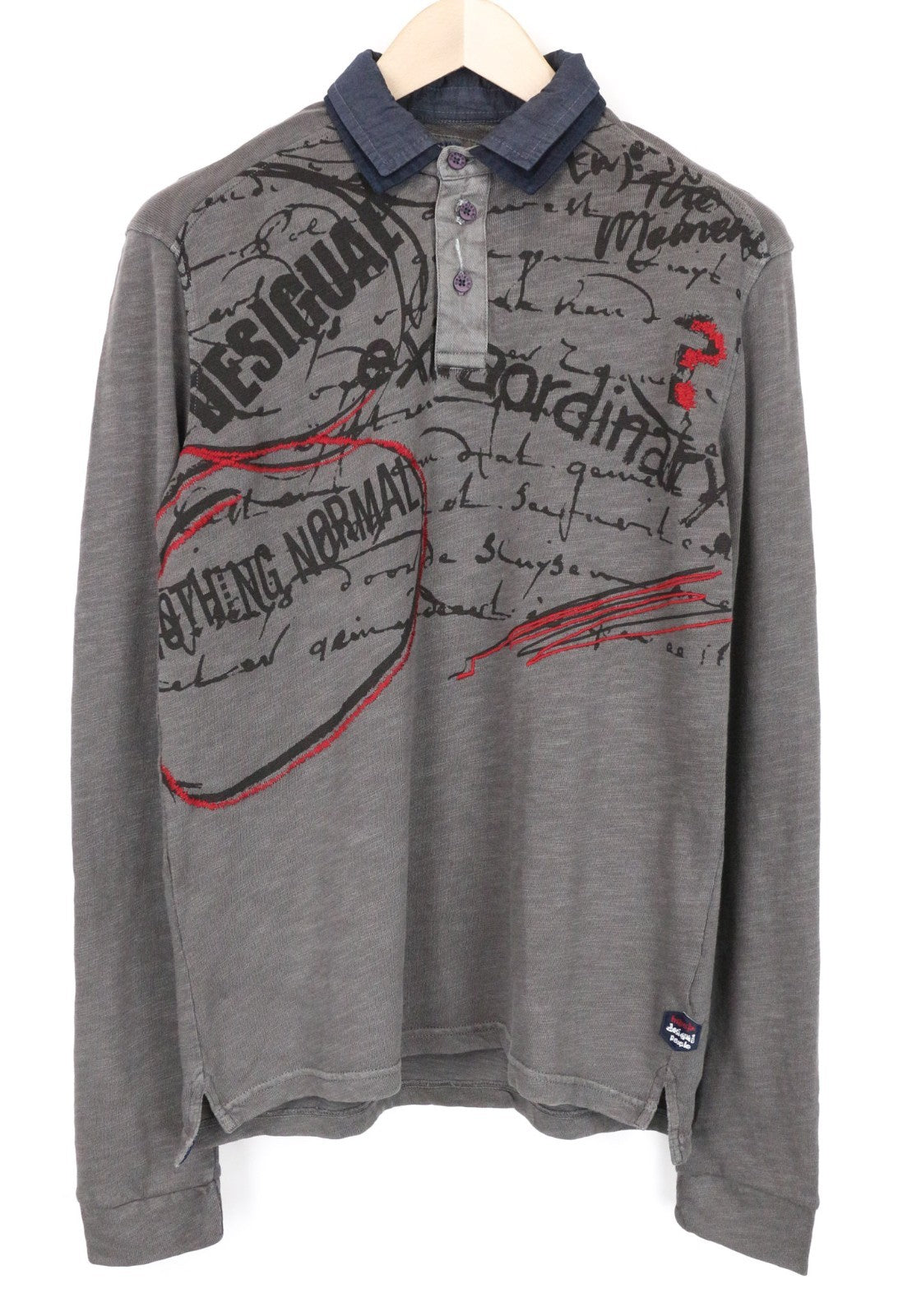DESIGUAL Javi Men T-Shirt S Grey Pure Cotton Long Sleeve Patterned Polo