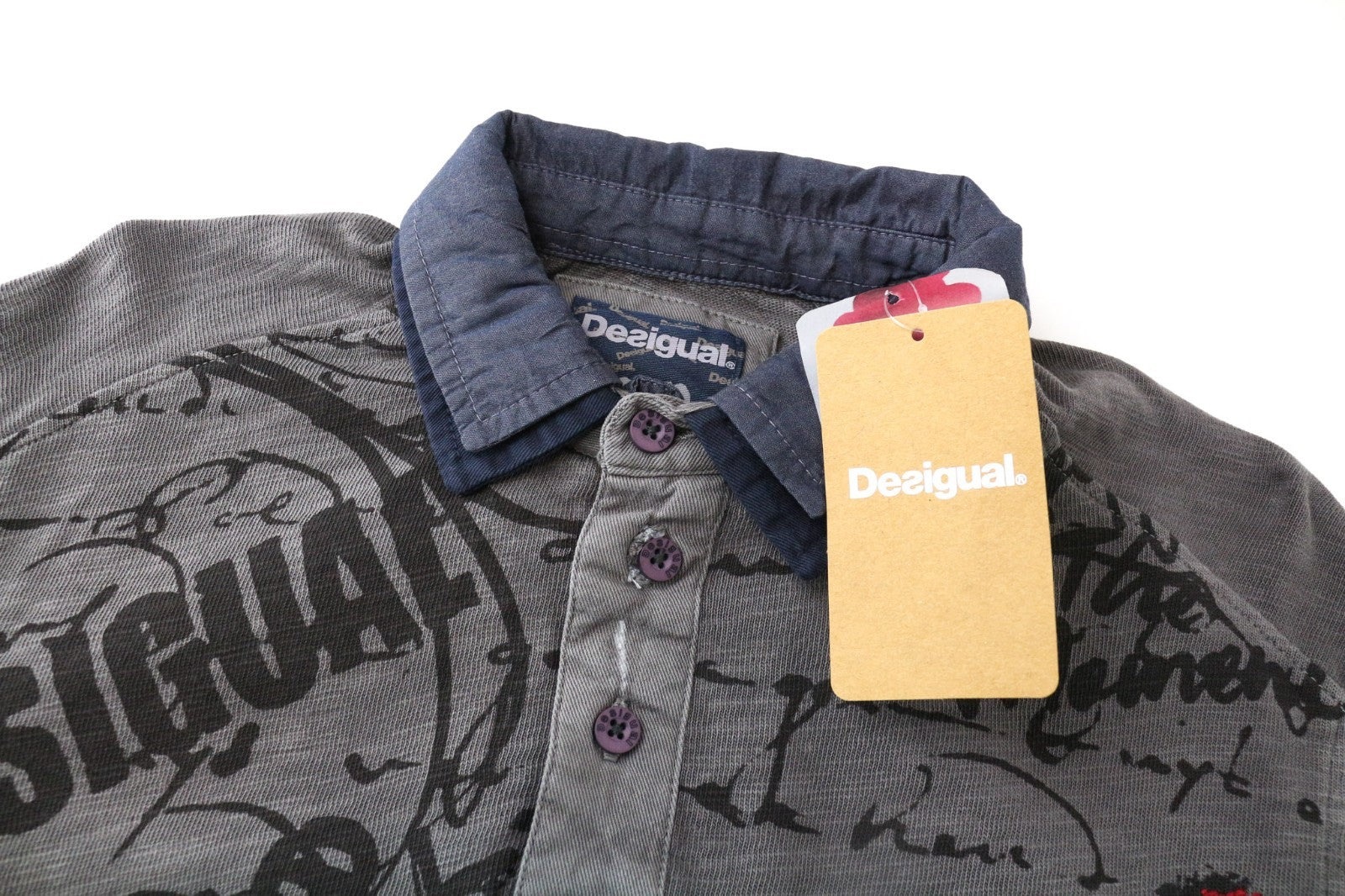 DESIGUAL Javi Men T-Shirt S Grey Pure Cotton Long Sleeve Patterned Polo
