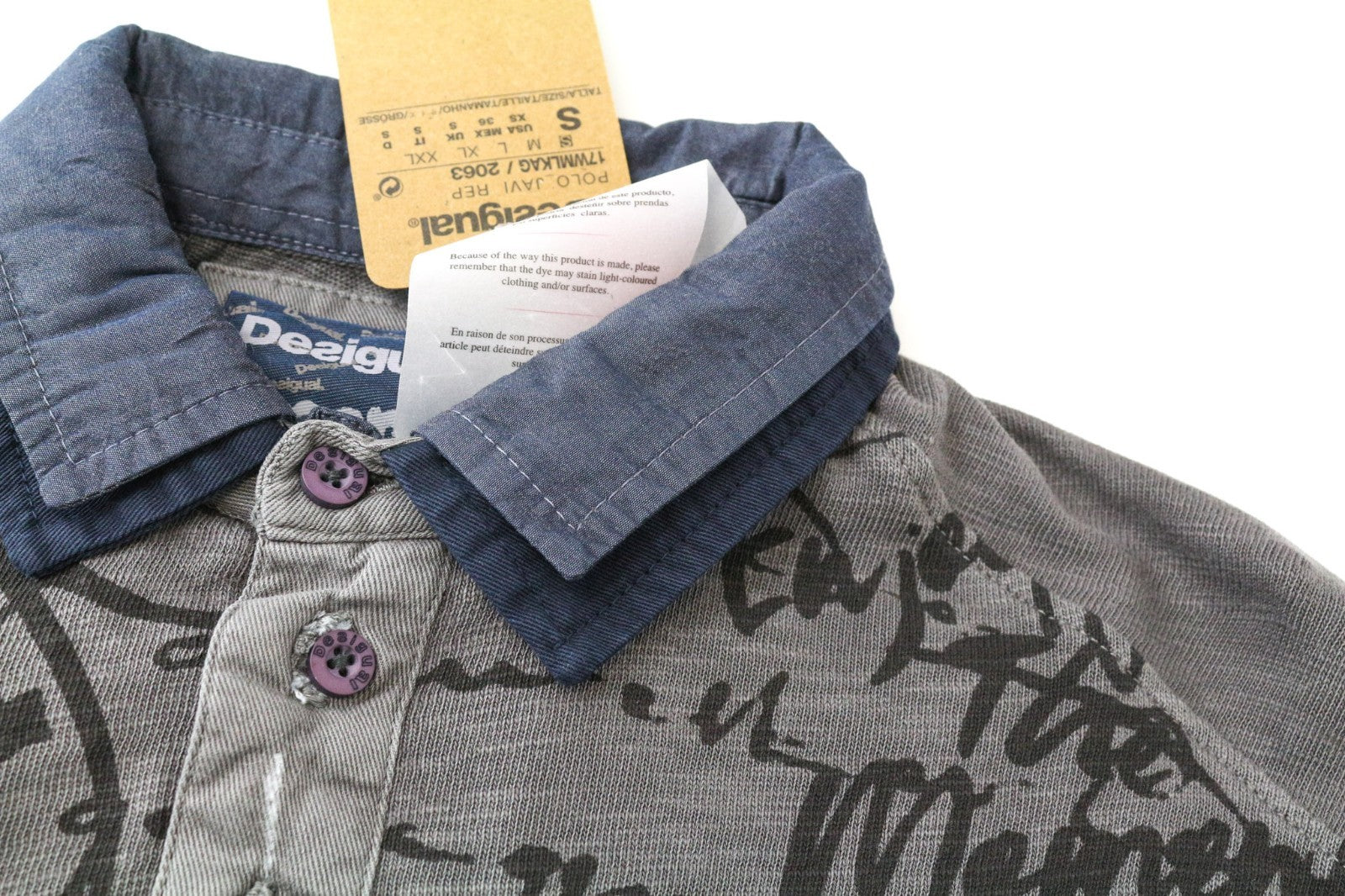 DESIGUAL Javi Men T-Shirt S Grey Pure Cotton Long Sleeve Patterned Polo