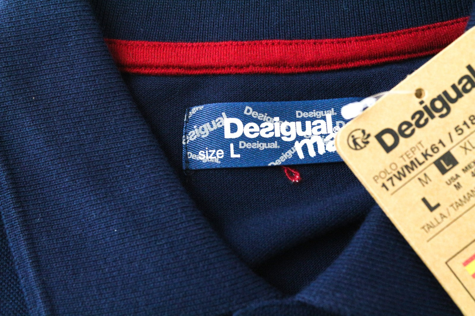 DESIGUAL Tepit Men T-Shirt L Pure Cotton Navy Patterned Long Sleeved Polo