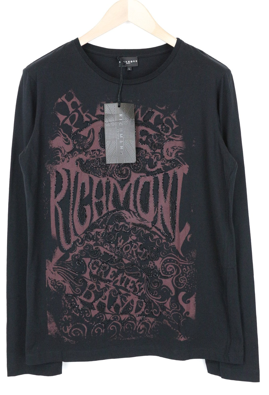 RICHMOND Men T-Shirt L Pure Cotton Black Logo Pattern Long Sleeve Pull On