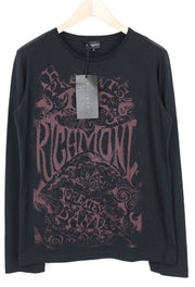 RICHMOND Men T-Shirt L Pure Cotton Black Logo Pattern Long Sleeve Pull On