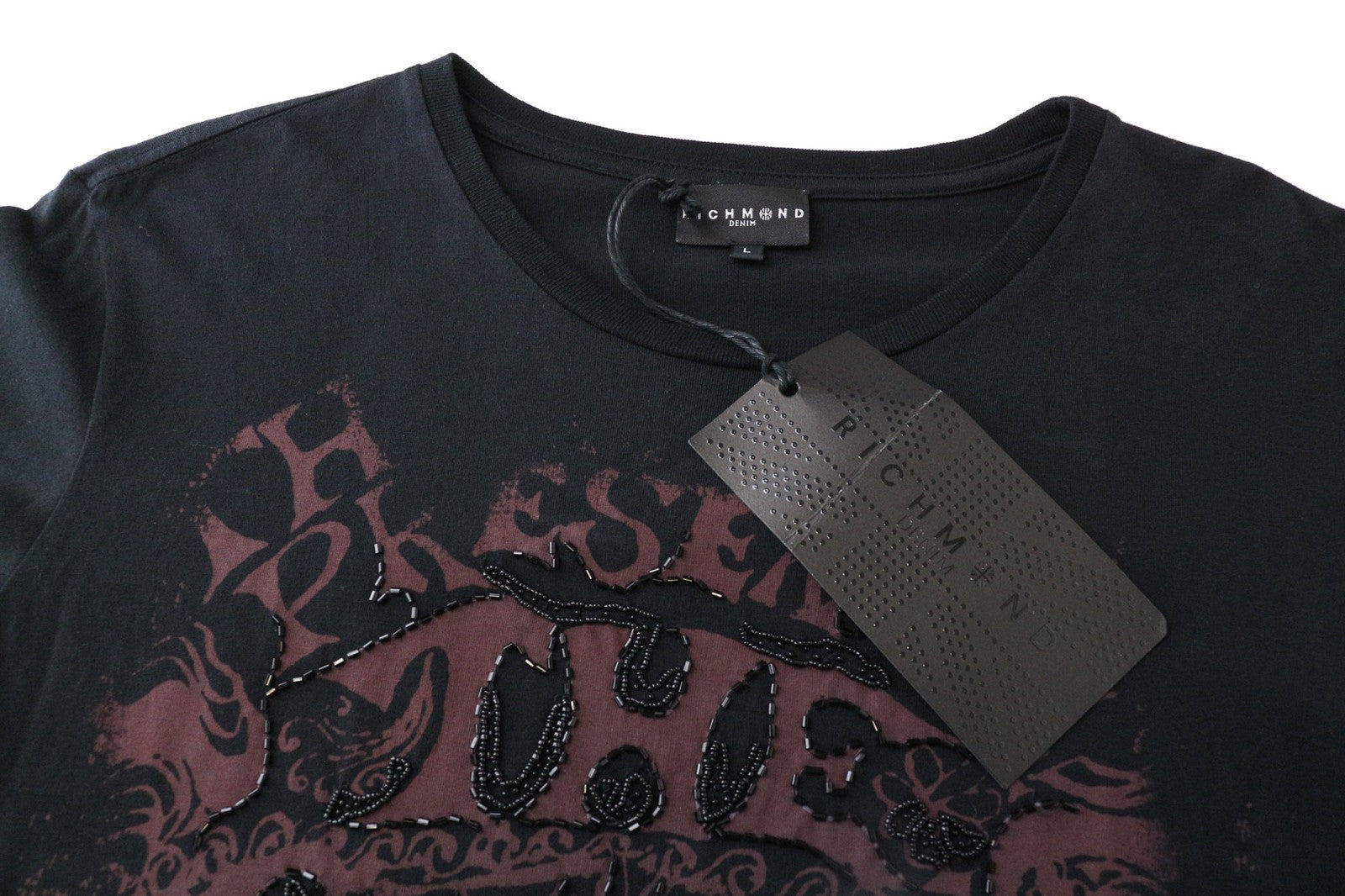 RICHMOND Men T-Shirt L Pure Cotton Black Logo Pattern Long Sleeve Pull On