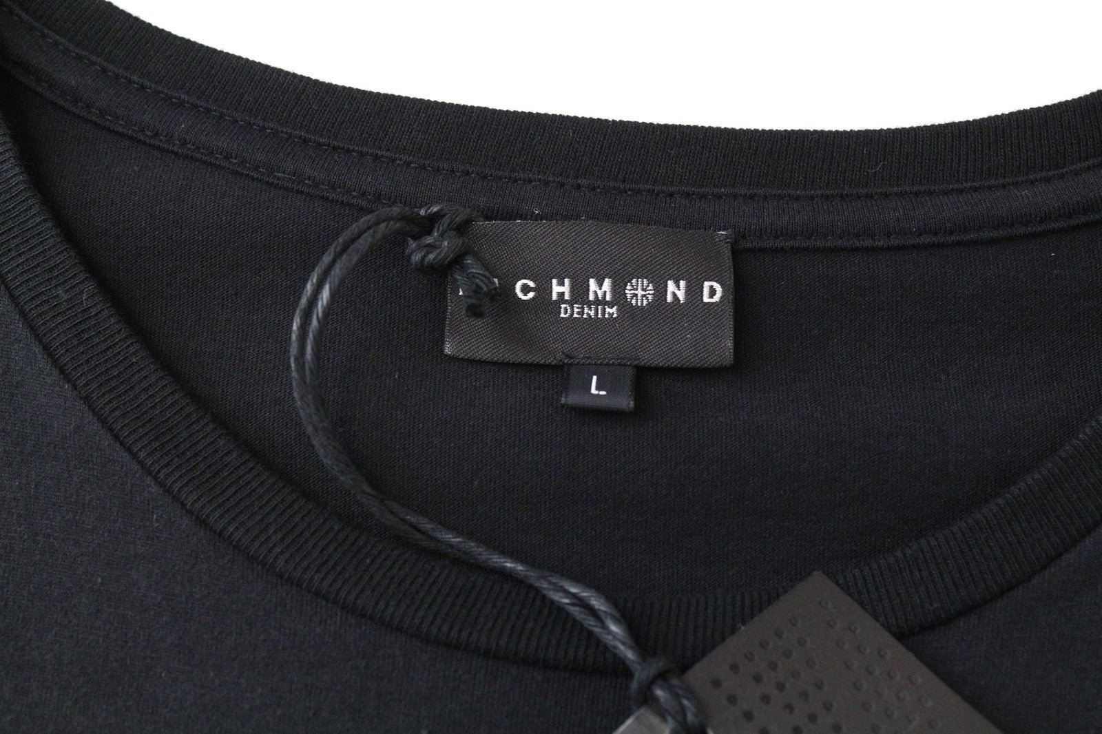 RICHMOND Men T-Shirt L Pure Cotton Black Logo Pattern Long Sleeve Pull On