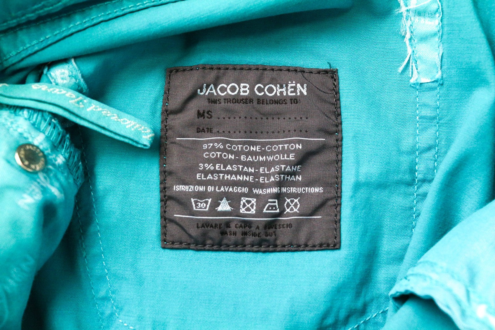 JACOB COHEN J711 Men Trousers W25 Aqua Blue Slim Fit Coton Stretch Flat Front