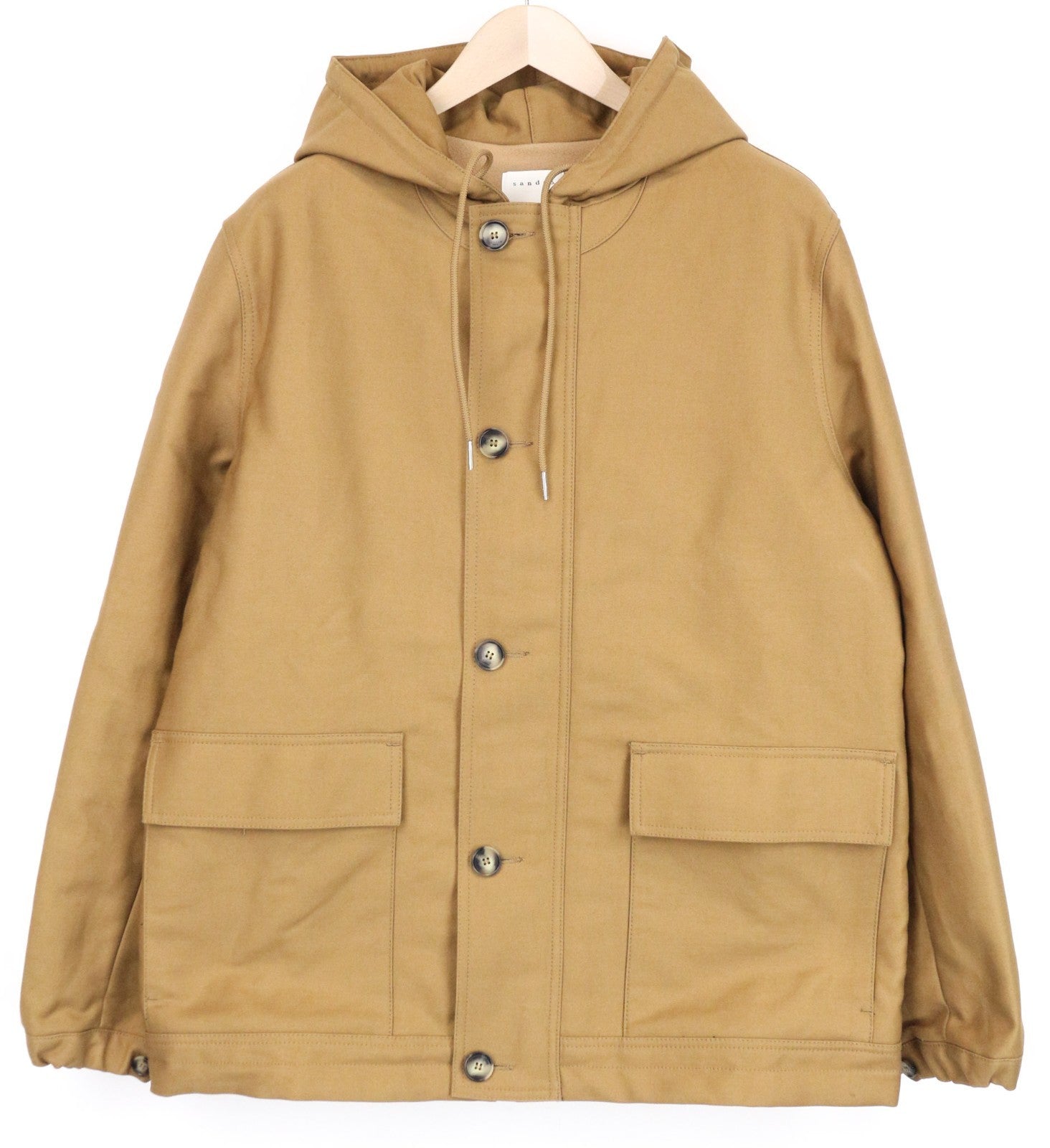 SANDRO Men Jacket L Camel Brown Pure Cotton Hooded Casual Single-Breasted