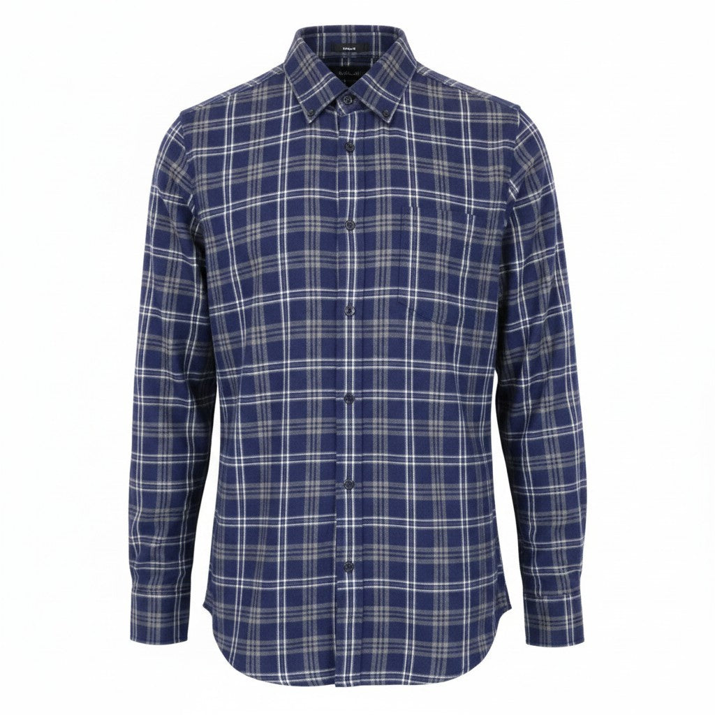 DENHAM Pocket Men Shirt S Blue Flannel-Like Cotton Tartan Check Button-Down