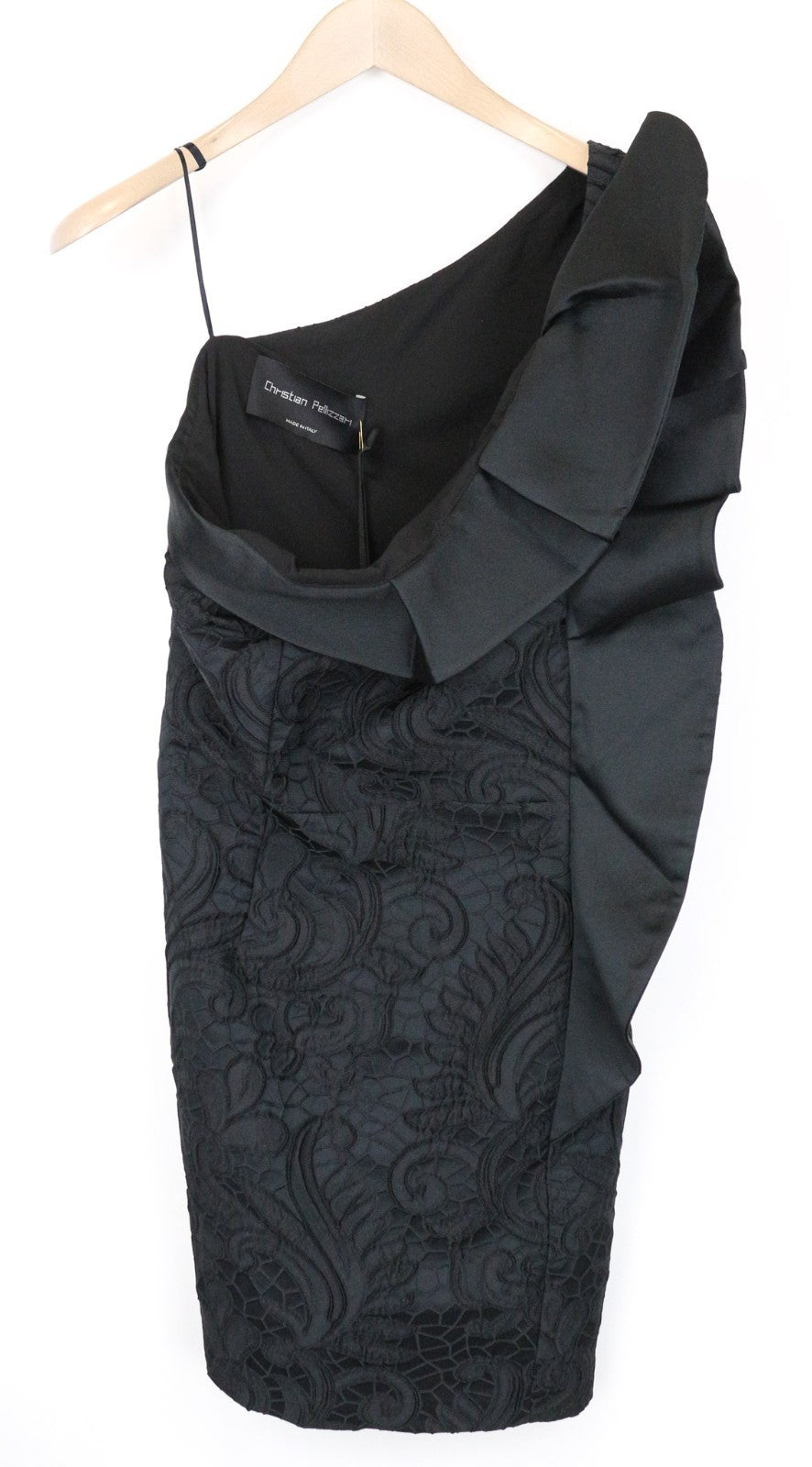 CHRISTIAN PELIZZARI Women Dress IT46 Black Off-Shoulder Ruffled Embroidered
