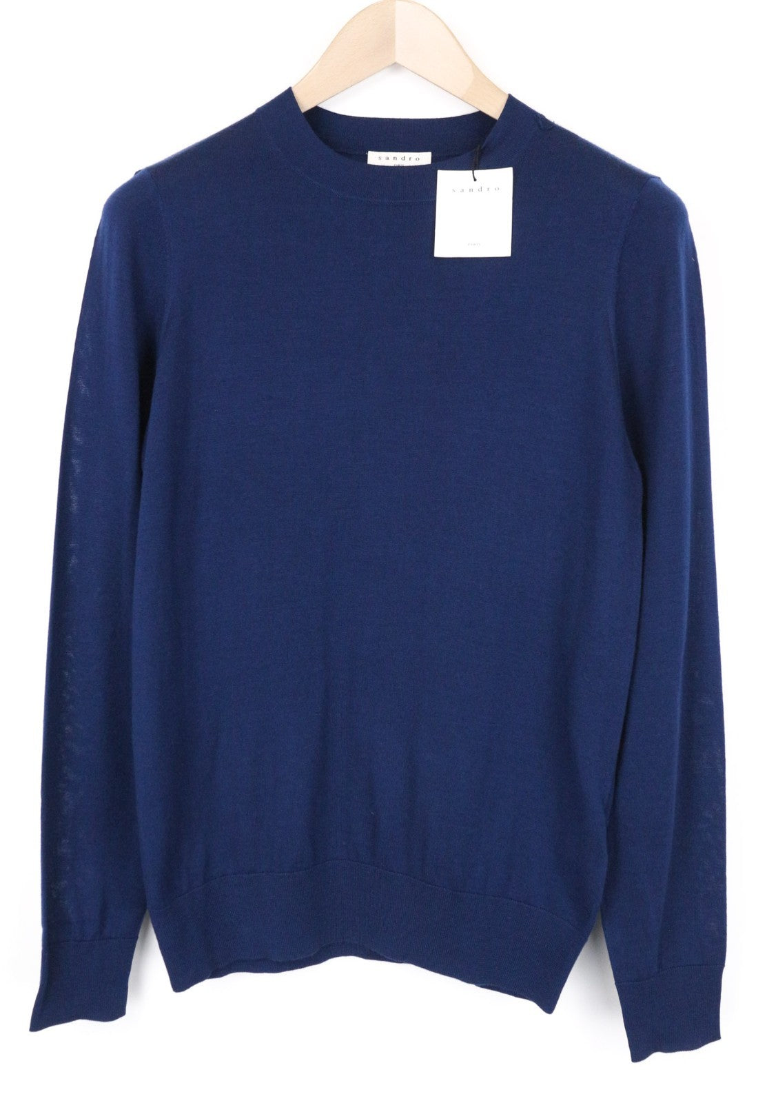 SANDRO Men Jumper XS Nay Blue Slim Sweater Crew Neck Tight-Knitted Pure Wool