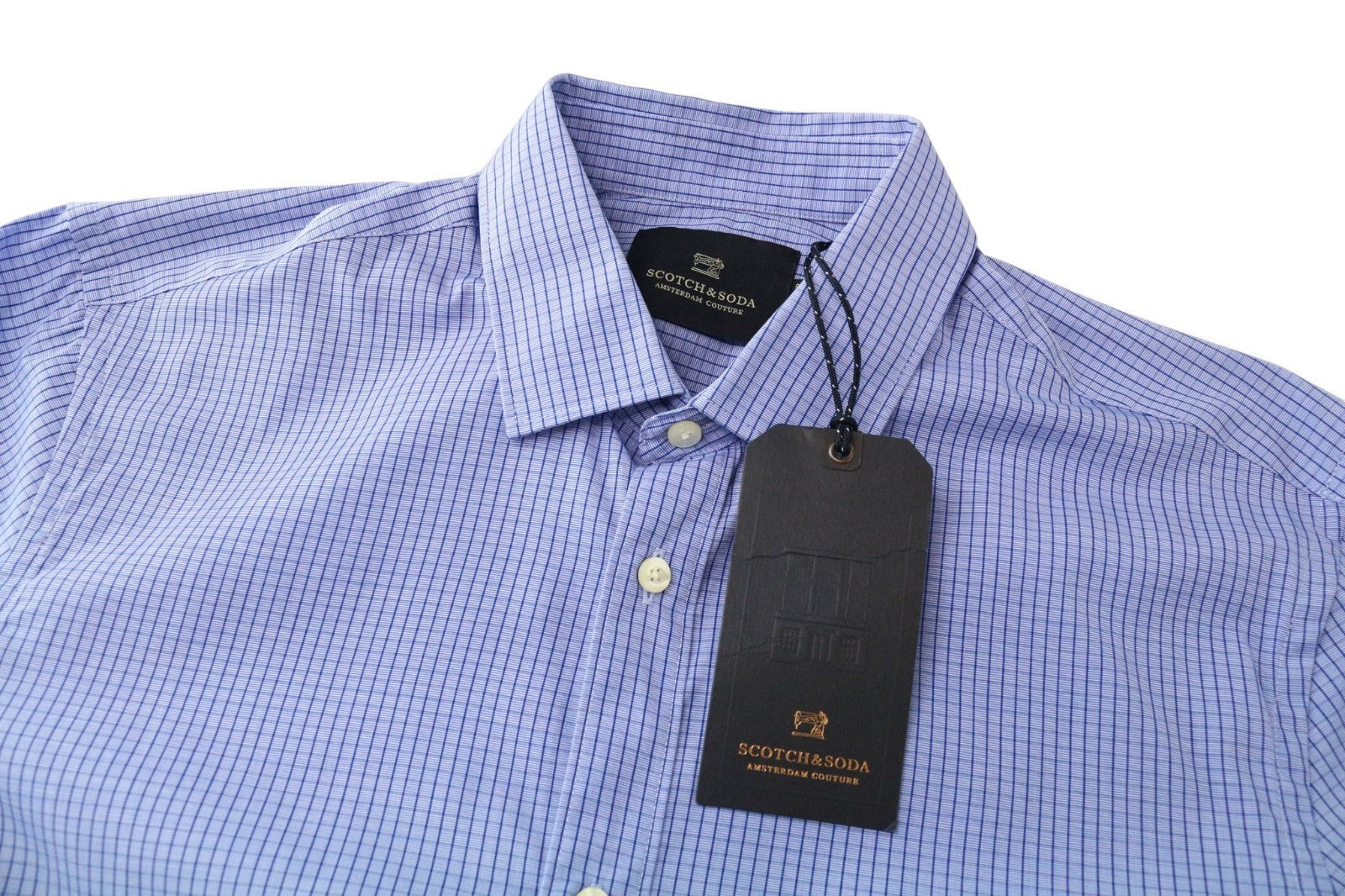 SCOTCH & SODA Men Shirt S Blue Checked Print Classic Pure Cotton Button Up