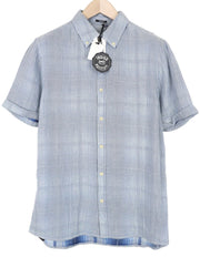 DENHAM Ford Men Shirt M Blue Striped Short Sleeve Button-Down Melange Cotton