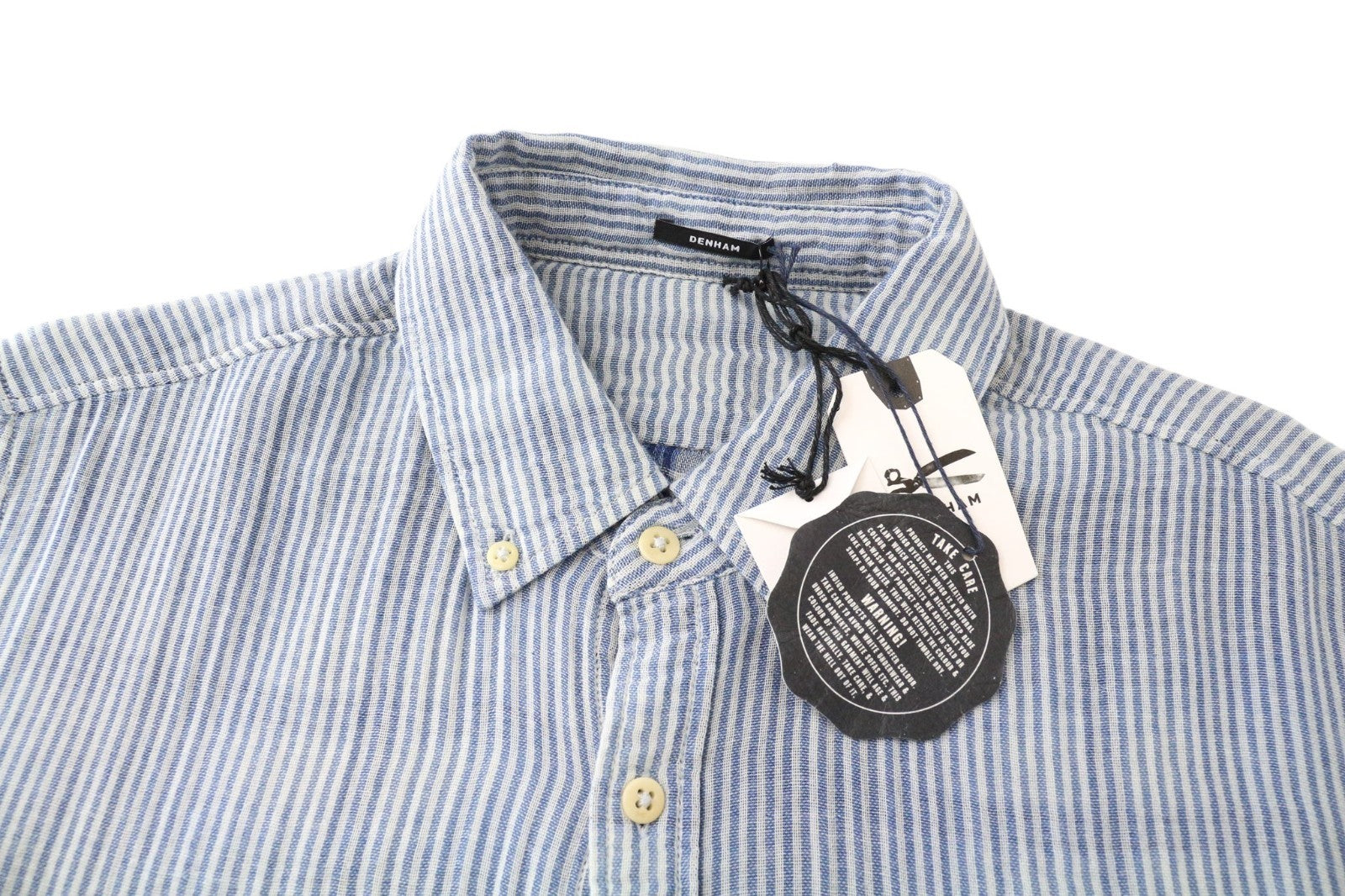 DENHAM Ford Men Shirt M Blue Striped Short Sleeve Button-Down Melange Cotton