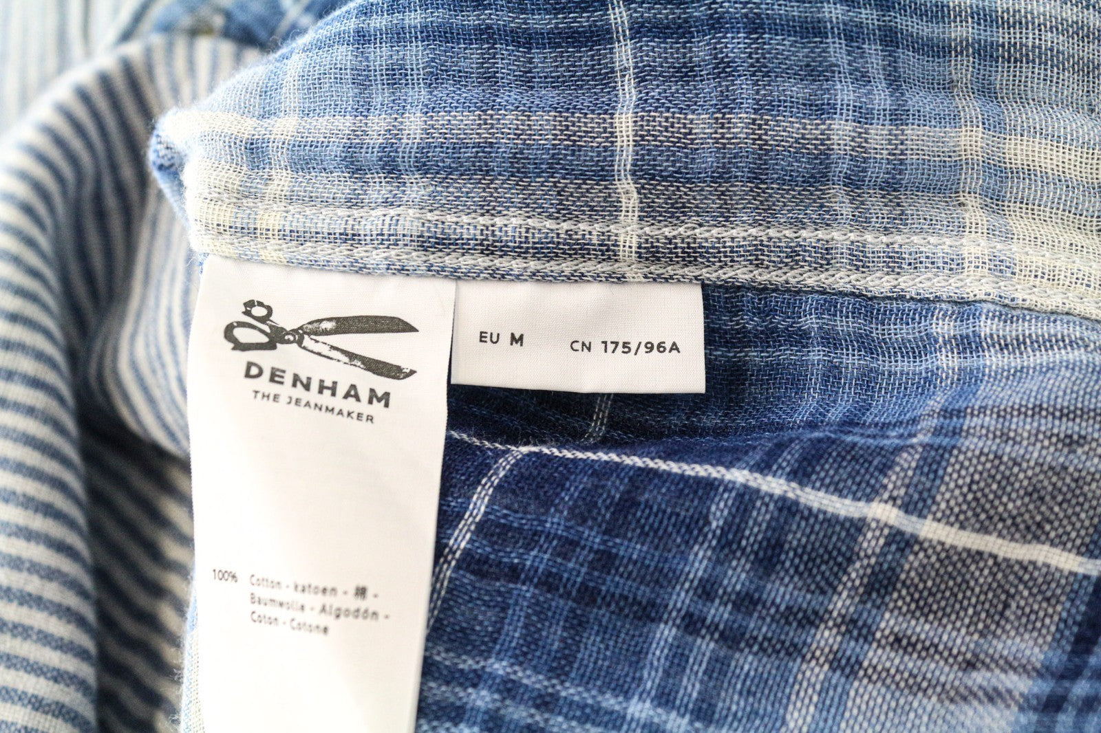 DENHAM Ford Men Shirt M Blue Striped Short Sleeve Button-Down Melange Cotton