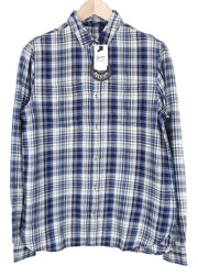 DENHAM Edged Men Shirt S Blue Tartan Check Print Melange Pure Cotton Classic