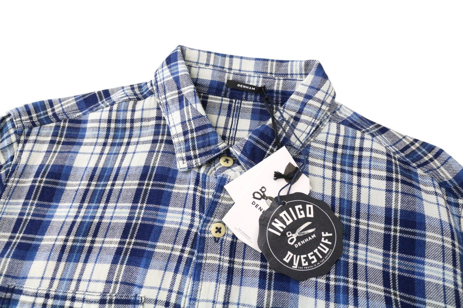 DENHAM Edged Men Shirt S Blue Tartan Check Print Melange Pure Cotton Classic