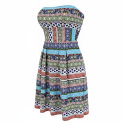 HANITA Women Dress S Blue Patterned Mini Bandeau Open Back Pleated Buttoned