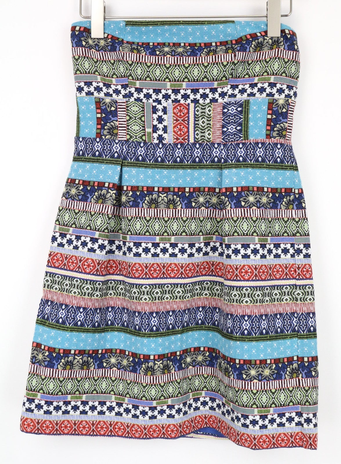 HANITA Women Dress S Blue Patterned Mini Bandeau Open Back Pleated Buttoned