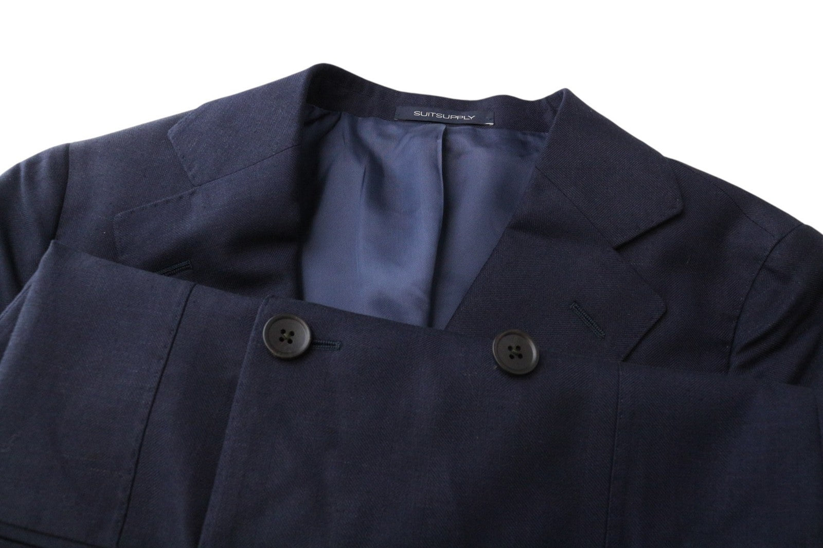 SUITSUPPLY La Spalla Men Suit UK32R Blue 2Pc Two-Row Wool Silk Linen Herringbone