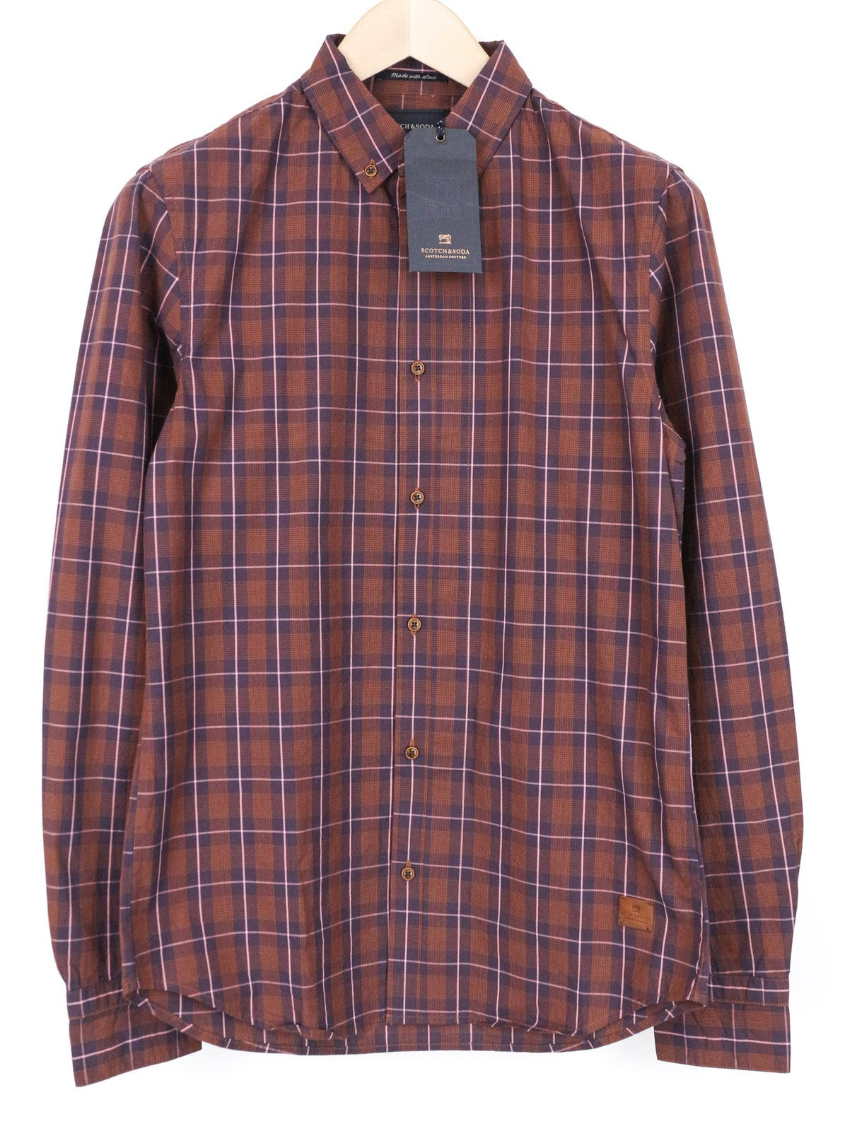 SCOTCH & SODA Ams Couture Men Shirt S Pure Cotton Purple Brown Checked Pattern