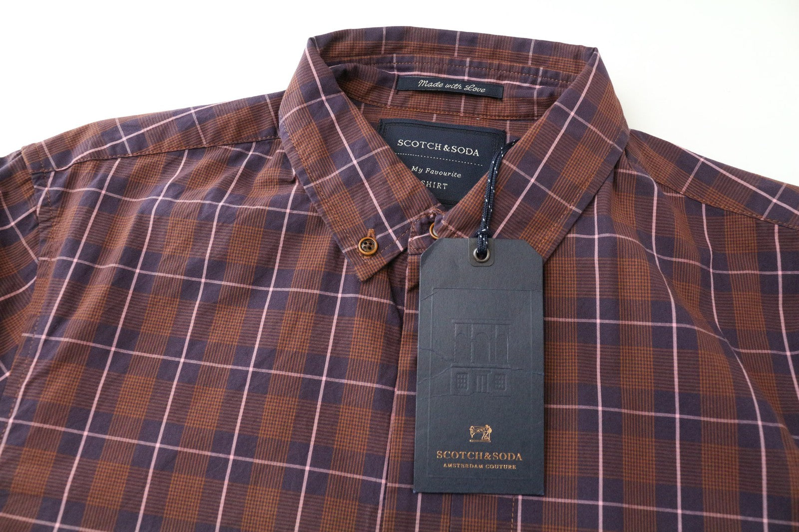 SCOTCH & SODA Ams Couture Men Shirt S Pure Cotton Purple Brown Checked Pattern