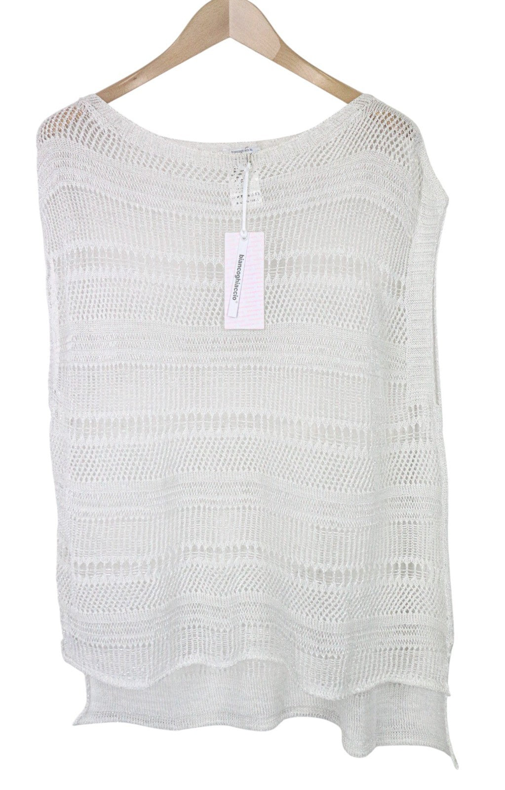 BIANCOGHIACCO Women T-Shirt L Silver Cotton Blend See-Through Knitted Sleeveless