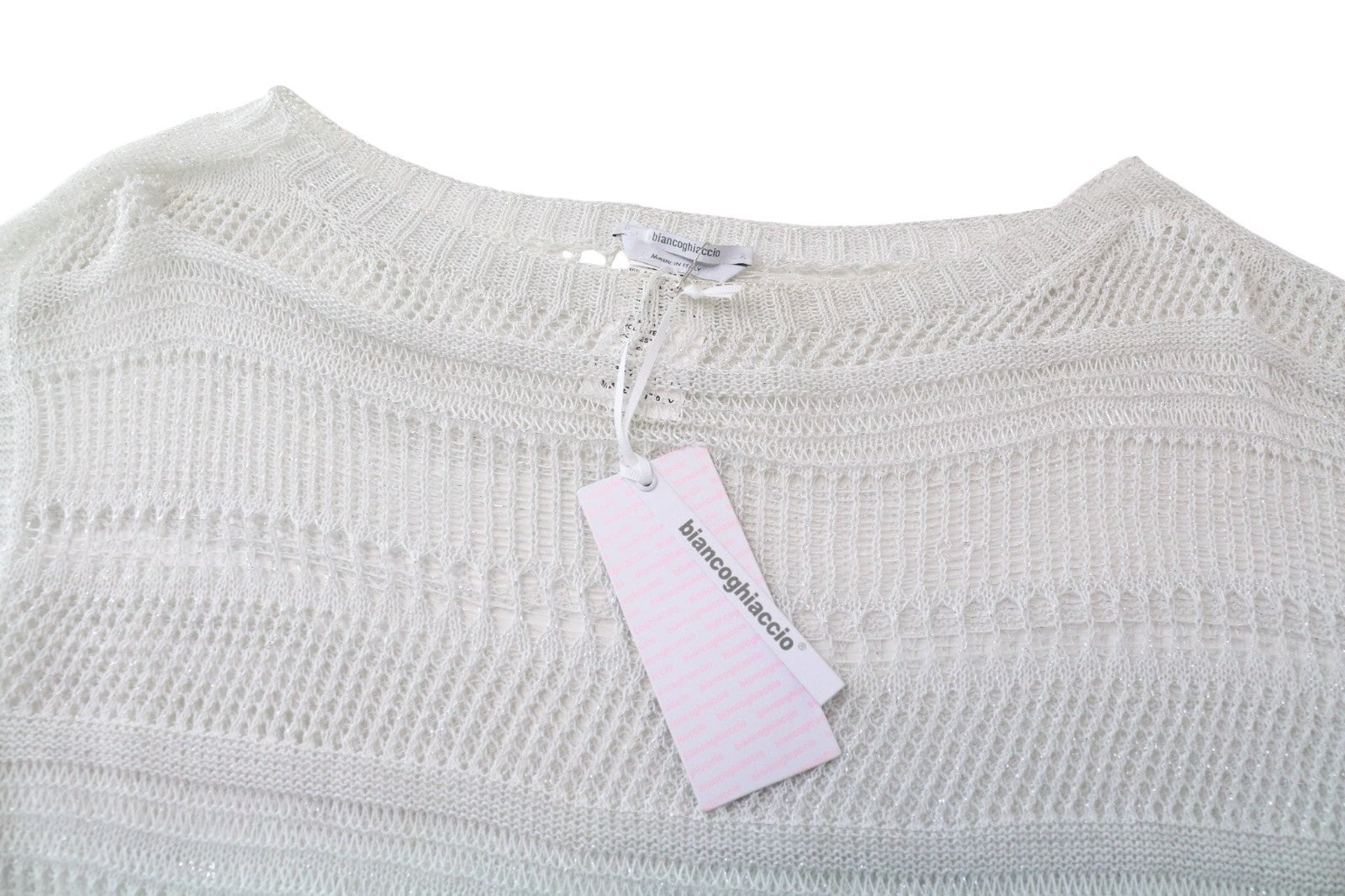 BIANCOGHIACCO Women T-Shirt L Silver Cotton Blend See-Through Knitted Sleeveless