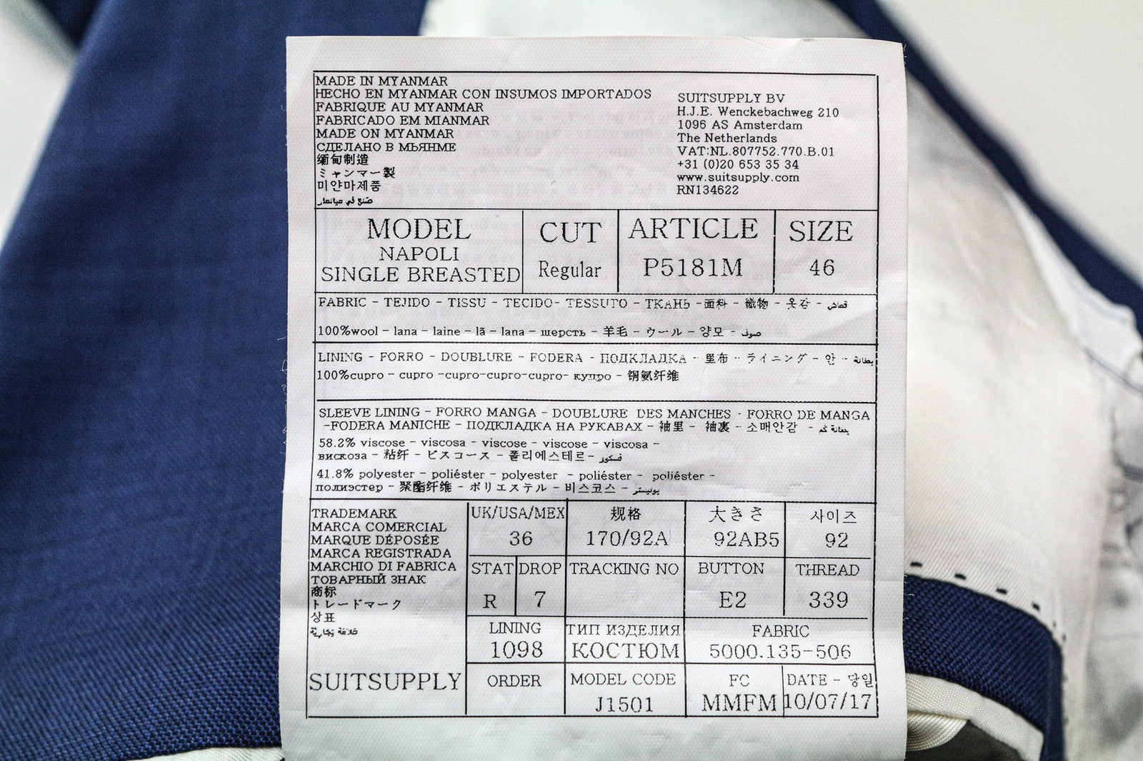 SUITSUPPLY Napoli Men Suit UK36R Single-Breasted Wool Super 110's Blue 2 Piece