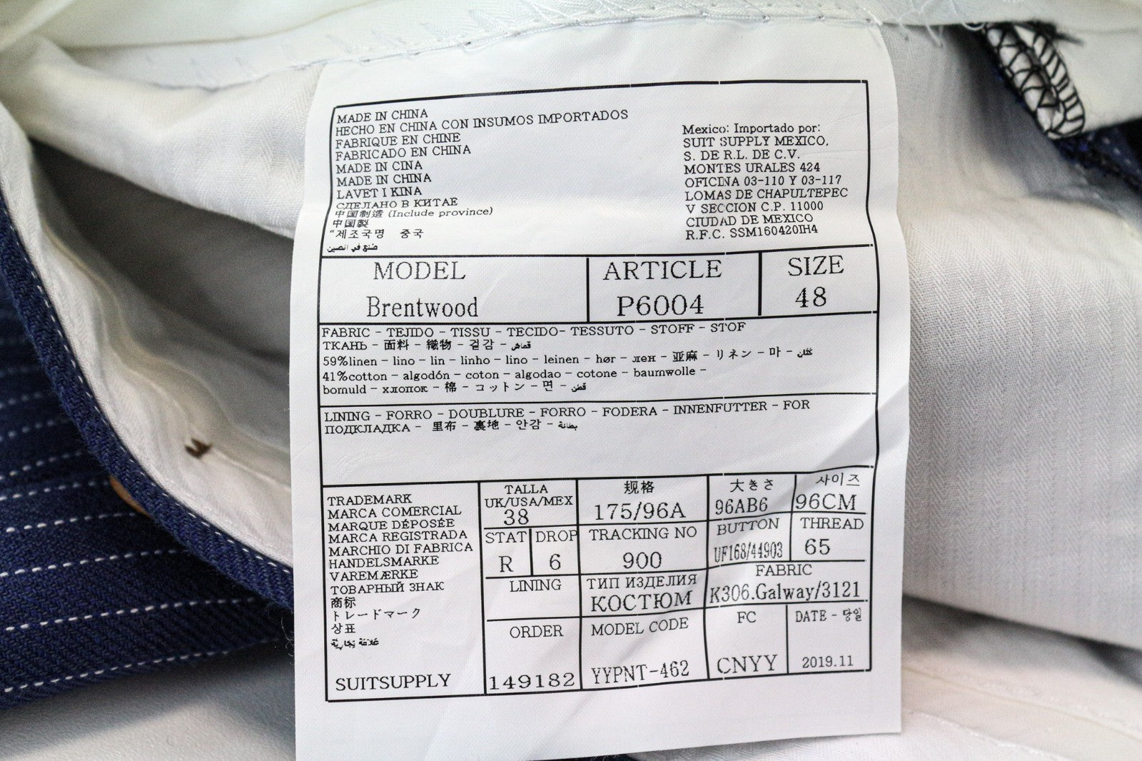 SUITSUPPLY Brentwood Men Trousers UK38R Blue Linen Cotton Striped Pleated